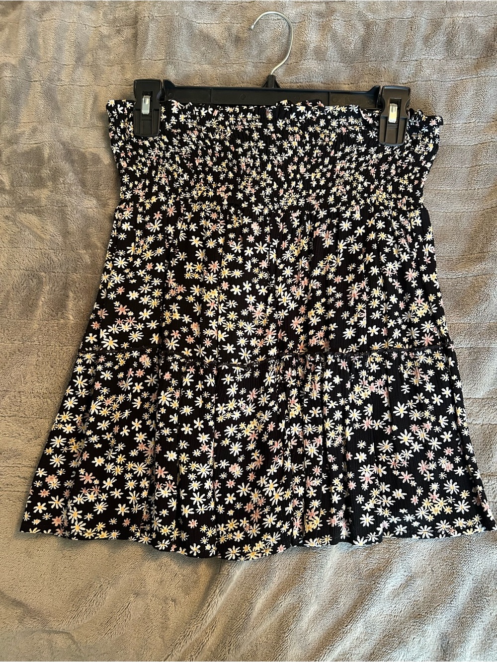 Black Floral Smocked Waist A-Line Skirt